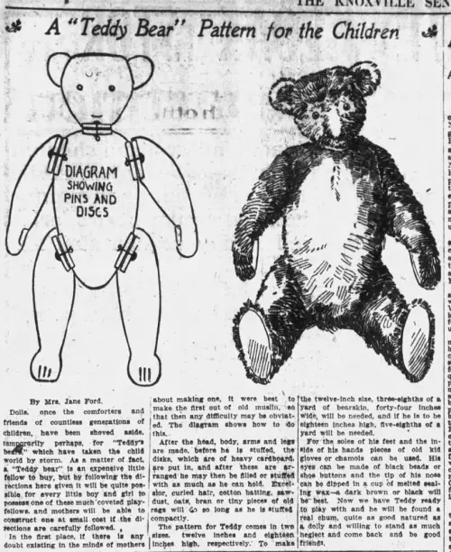 Newspaper article with a pattern for a teddy bear