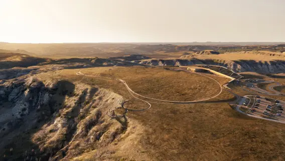 Aerial view of a vast, sunlit landscape with winding dirt paths and hills.