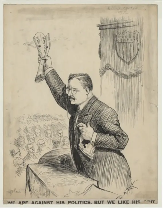Cartoon of Theodore Roosevelt holding his bloody speech