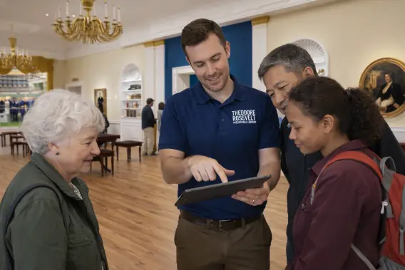 Volunteer helping guests in the museum