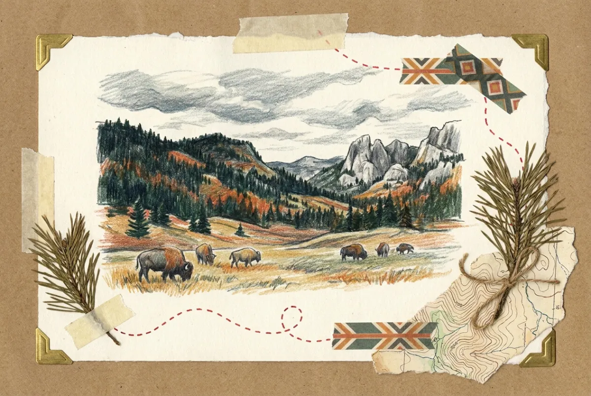 Scrapbook illustration: bison grazing a meadow below pine-covered hills with granite spires beyond