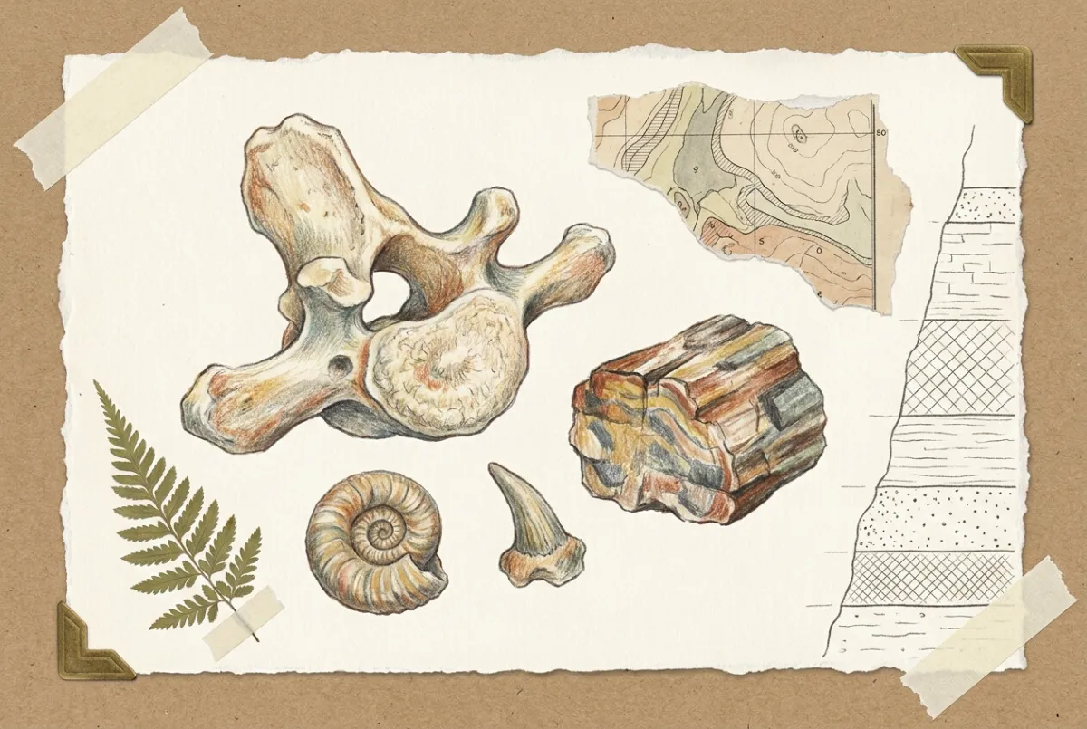 Scrapbook illustration: a naturalist study of fossil specimens — a vertebra, an ammonite, petrified wood and a horn core — beside a stratigraphy diagram