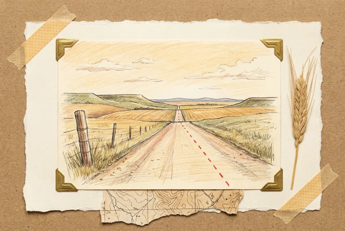 Scrapbook illustration: a straight two-lane road running to the horizon through farm fields and low buttes