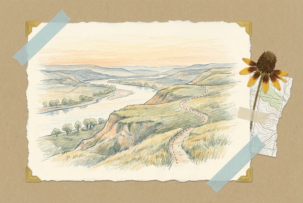 Scrapbook illustration: high grassy bluffs above a wide slow river at sunrise, ridges receding into morning haze