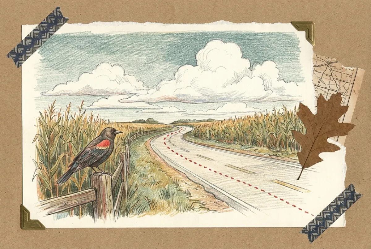 Scrapbook illustration: a highway curving between summer cornfields under towering midwestern clouds, a red-winged blackbird on a fencepost