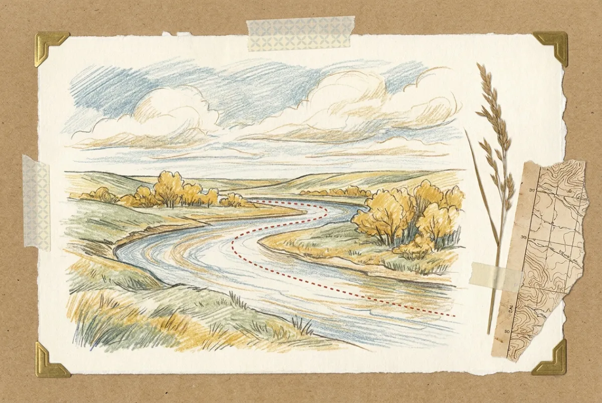 Scrapbook illustration: a wide river curving between grassy bluffs and gold cottonwoods under a prairie sky