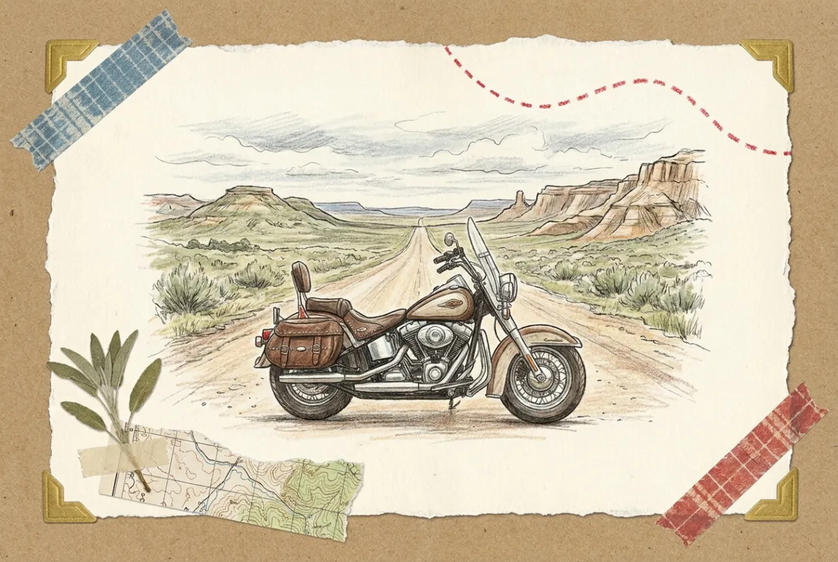 Scrapbook illustration: a touring motorcycle parked on a two-lane road running through prairie and badlands buttes