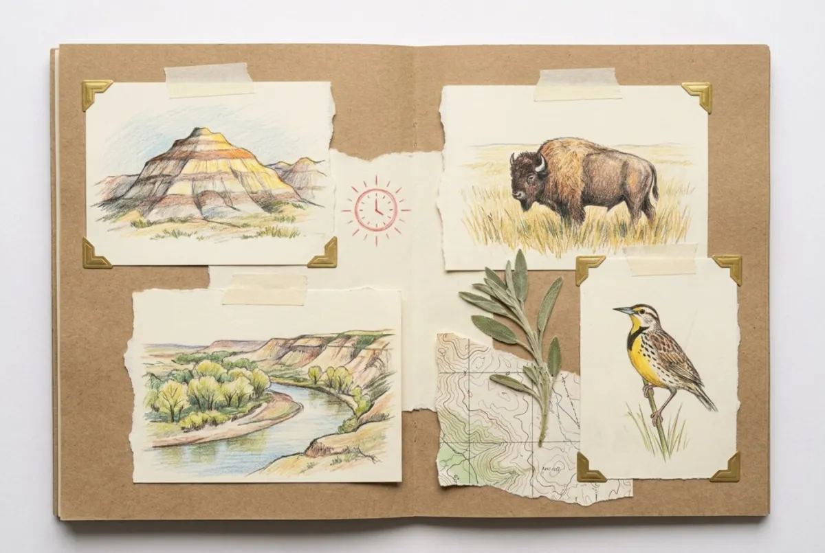 Illustrated scrapbook page of colored-pencil sketches for a one-day visit: badlands buttes at morning light, a grazing bison, a river bend below bluffs, and a meadowlark