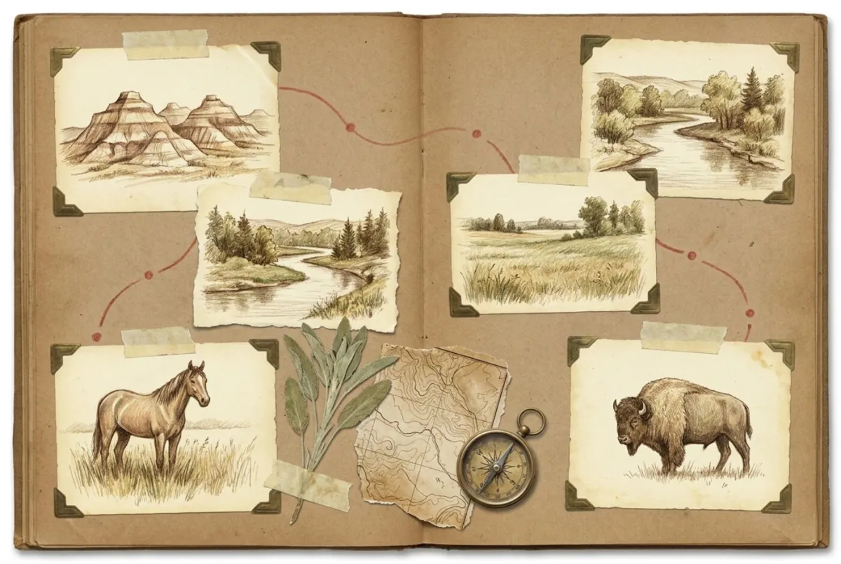 Sepia-toned scrapbook page of archival-style colored-pencil sketches: badlands buttes, a cottonwood river bottom, an empty grass meadow, a saddle horse and a bison, with a brass compass