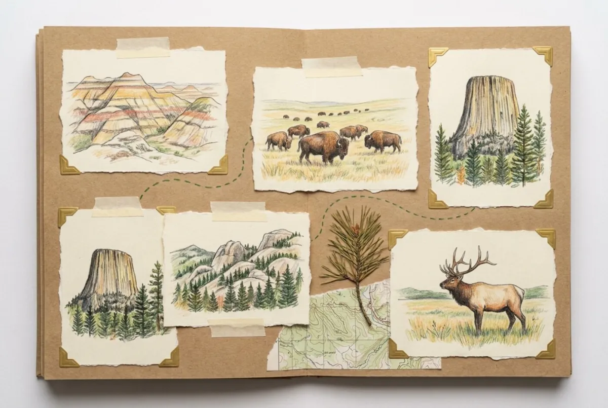 Illustrated scrapbook page of colored-pencil sketches of protected landscapes: badlands buttes, a bison herd, a basalt rock column in pine forest, granite hills and a bull elk