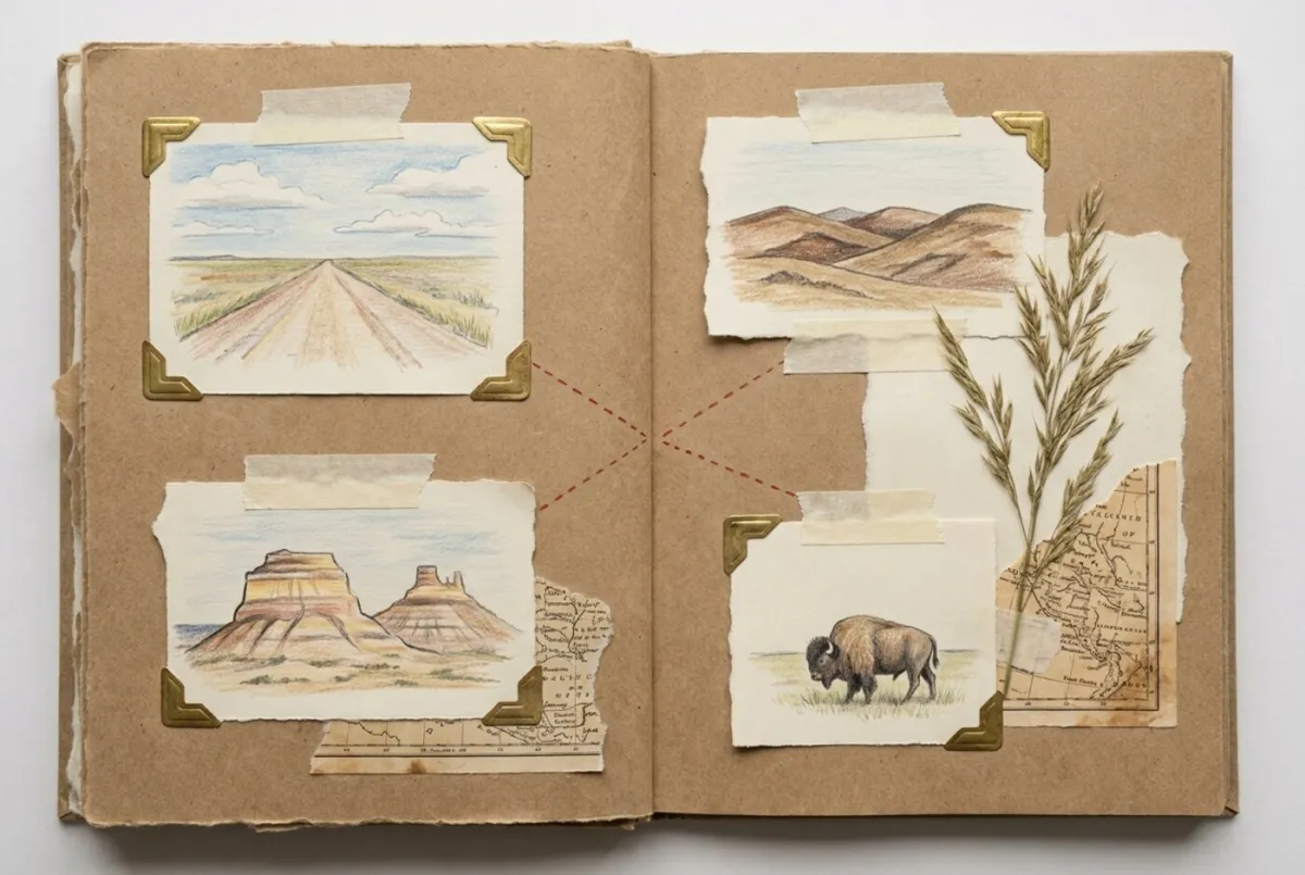 Illustrated scrapbook page of colored-pencil sketches of a prairie drive: a two-lane road running to the horizon, rolling grass country, badlands buttes and a grazing bison