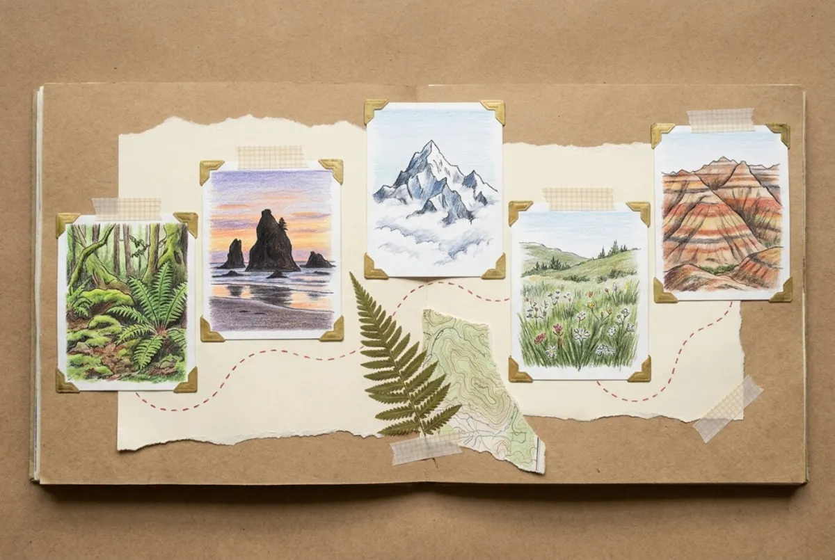 Illustrated scrapbook page tracing a route west to east: a mossy rainforest floor, Pacific sea stacks at sunset, a snow-capped peak above cloud, an alpine meadow, and badlands buttes