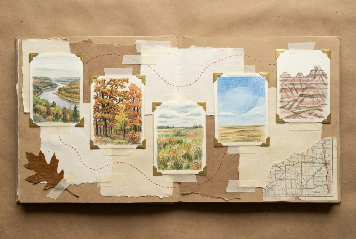 Illustrated scrapbook page tracing a route east to west: a wooded river valley from a bluff, autumn hardwood forest, tallgrass prairie, open plains, and badlands buttes