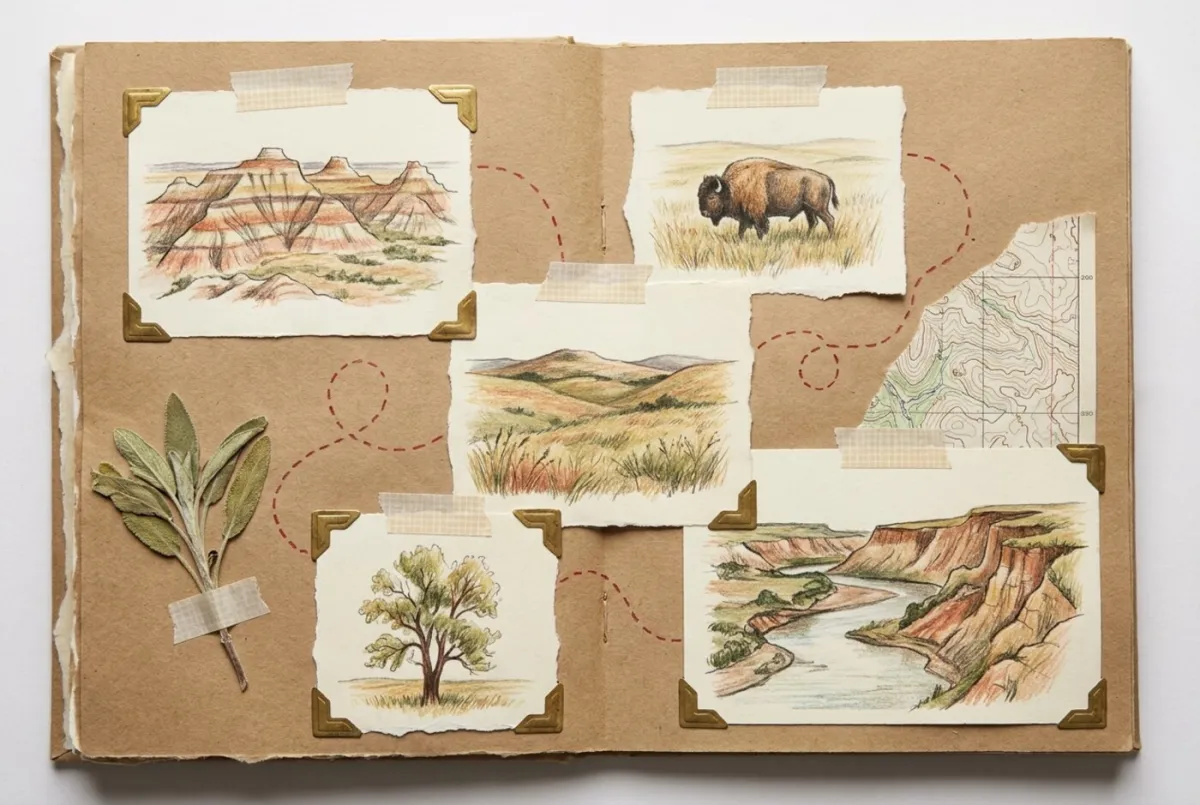 Illustrated scrapbook page of colored-pencil sketches from the Medora area: banded badlands buttes, a grazing bison, native prairie grass, a cottonwood tree, and a river below eroded bluffs