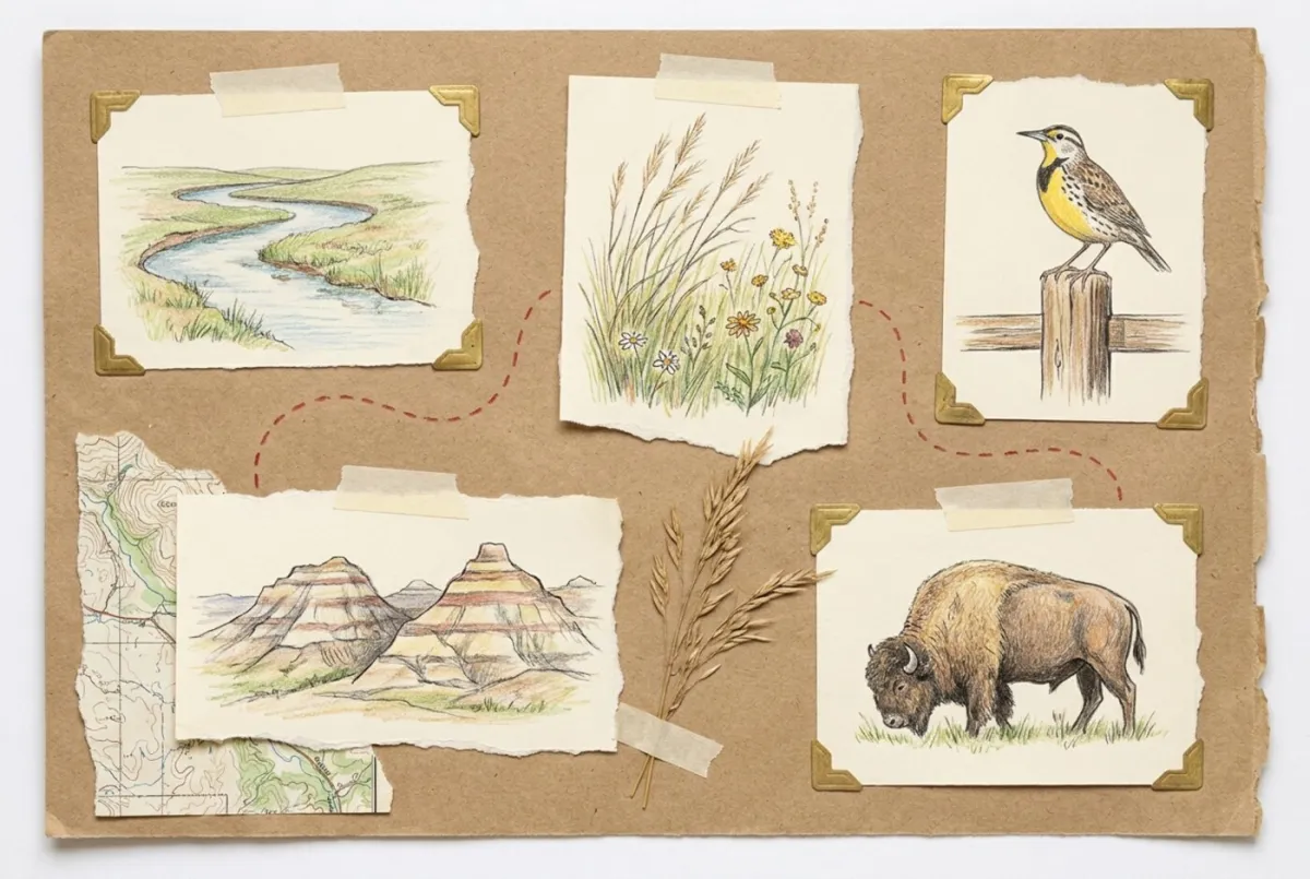 Illustrated scrapbook page of colored-pencil sketches from across North Dakota: a prairie river, tall grass and wildflowers, a meadowlark, badlands buttes, and a grazing bison