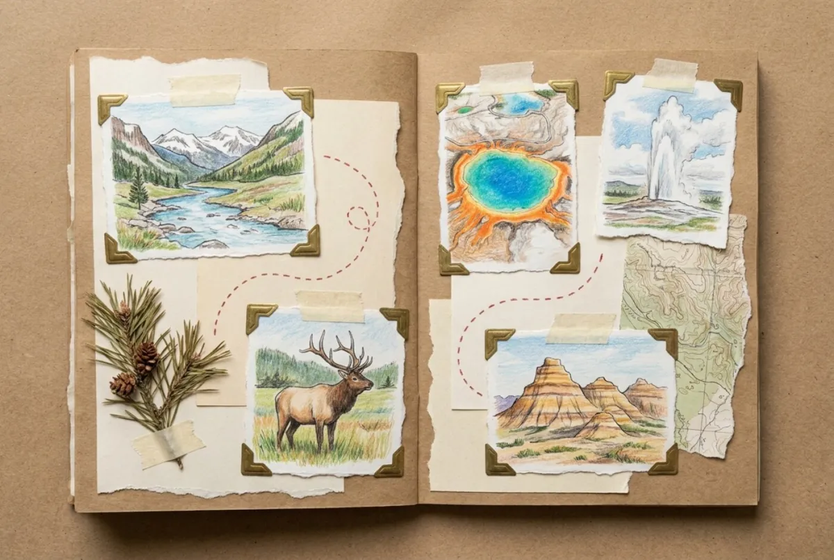Illustrated scrapbook page of colored-pencil sketches from Montana to North Dakota: a mountain river valley, a thermal hot spring, an erupting geyser, a bull elk, and badlands buttes