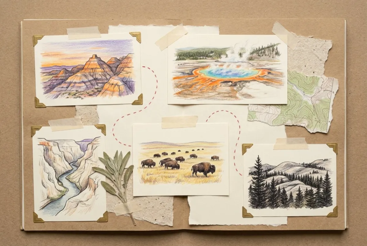 Illustrated scrapbook page of colored-pencil sketches from North Dakota to South Dakota: badlands buttes at sunrise, a thermal hot spring, a river canyon, a bison herd, and pine-covered hills