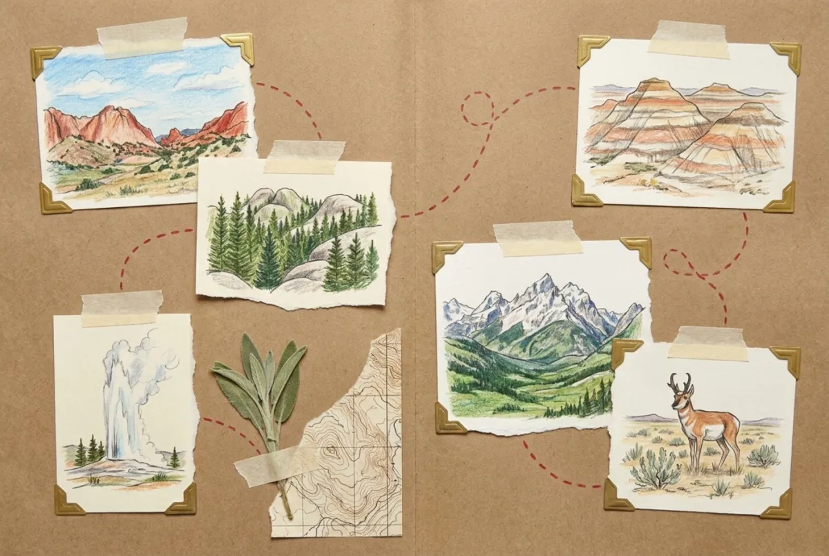 Illustrated scrapbook page of colored-pencil sketches from Colorado to Utah: red sandstone foothills, pine-covered granite hills, badlands buttes, an erupting geyser, snow-capped peaks, and a pronghorn antelope