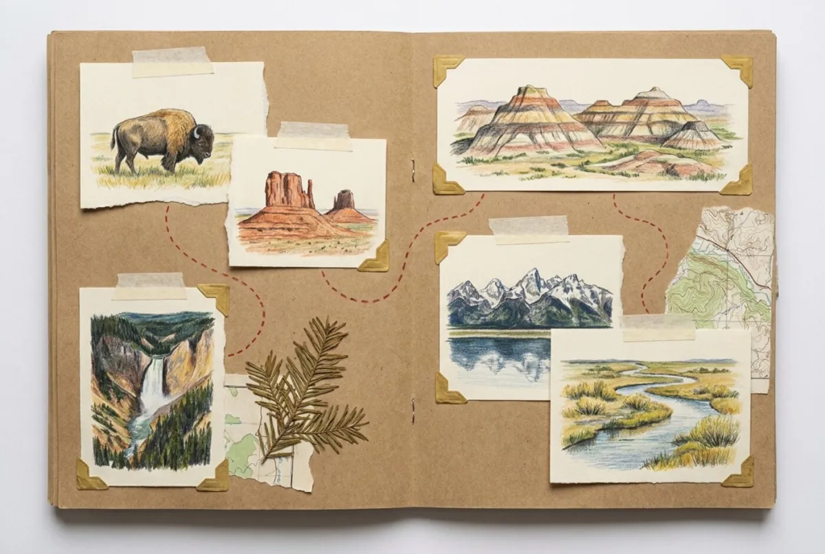 Illustrated scrapbook page of colored-pencil sketches from Colorado to Wyoming: red sandstone formations, badlands buttes, a grazing bison, a canyon waterfall, snow-capped peaks reflected in a lake, and a river through willow flats