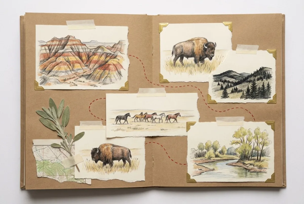 Illustrated scrapbook page of colored-pencil sketches from the Roosevelt Triangle country: banded badlands buttes, a bull bison in tall grass, pine-covered hills, a wild horse band on open range, and a cottonwood-lined river bottom