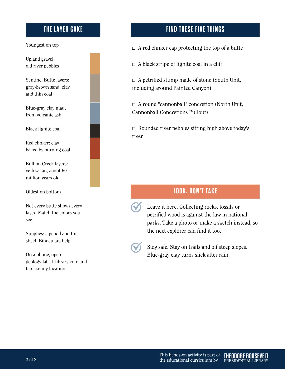 Page from the Read the Rocks field sheet showing a color-coded rock layer column, a checklist of five things to find and the no-collecting rule