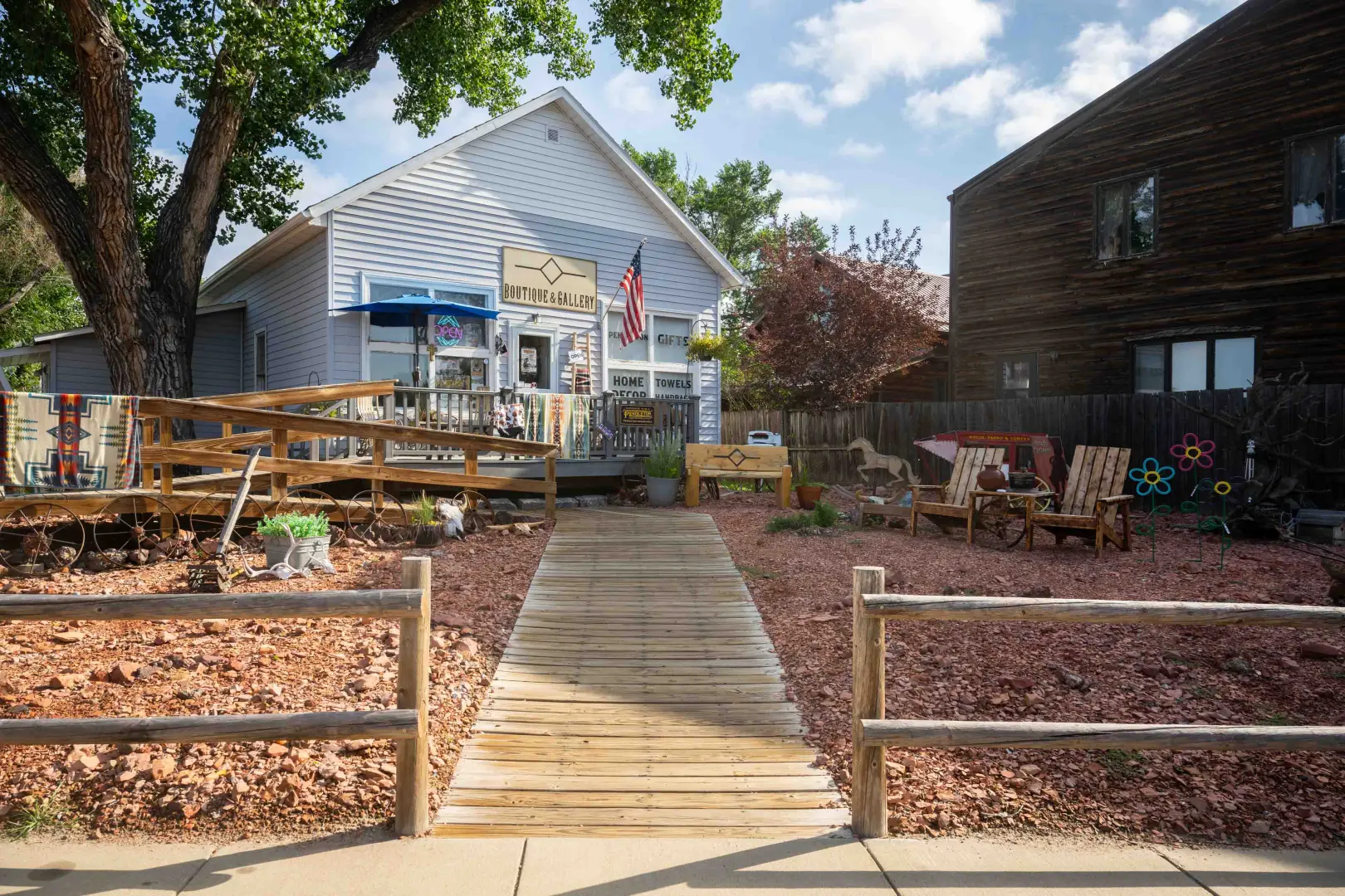 wooden walkway leading to store