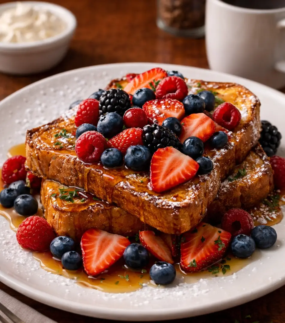 Plate of brioche french toast topped with fresh strawberries, blueberries, and raspberries, dusted with powdered sugar and drizzled with maple syrup.