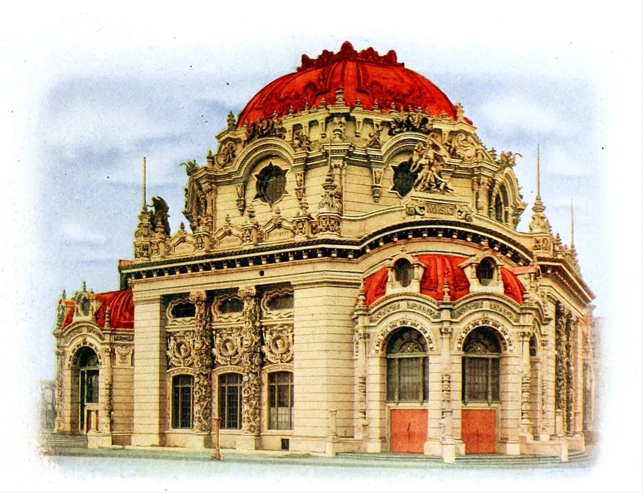 Ornate domed Temple of Music building at the 1901 Pan-American Exposition in Buffalo, New York