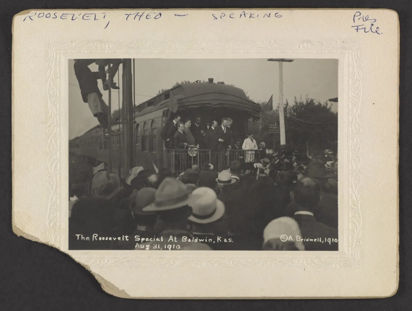 Theodore Roosevelt speaks from the rear platform of the Roosevelt Special train to a crowd at Baldwin, Kansas, in August 1910