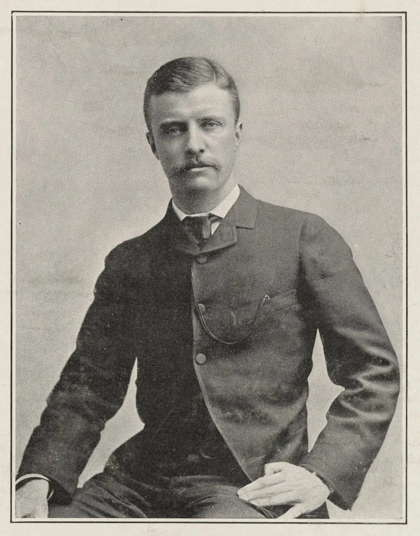 Portrait of a young, mustached Theodore Roosevelt seated in a dark suit, about 1882