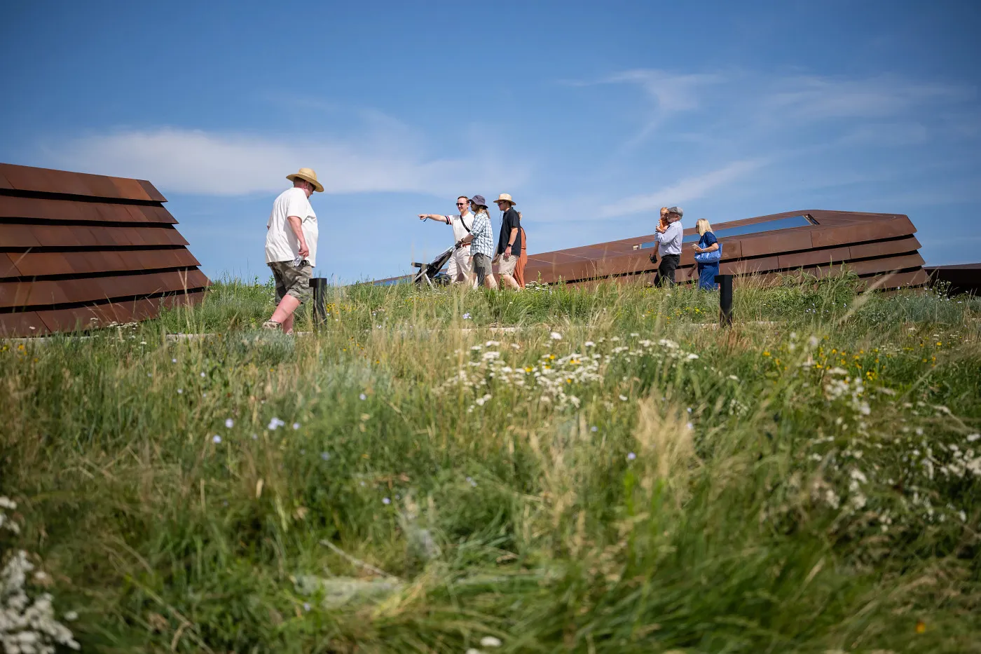 Visitors walk across the grass-covered living roof of the Theodore Roosevelt Presidential Library