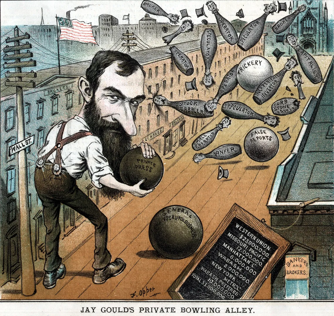 Color 1882 political cartoon showing financier Jay Gould bowling, knocking down pins labeled with businesses and public offices