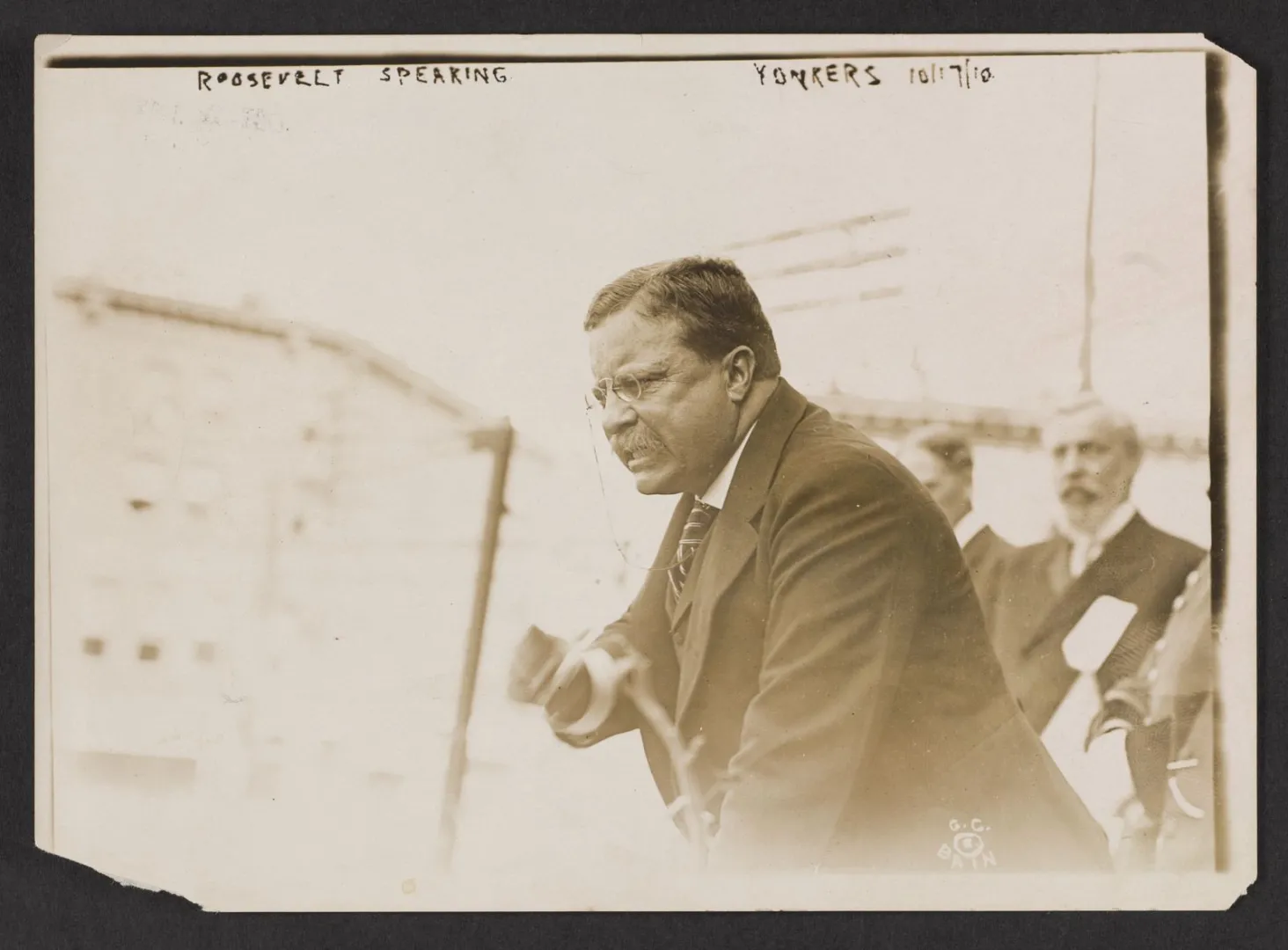 Theodore Roosevelt gesturing emphatically while delivering a speech at Yonkers, New York, in October 1912