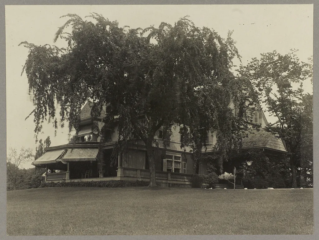 Sagamore Hill, the Queen Anne house Theodore Roosevelt built at Oyster Bay, seen behind the weeping beech on the front lawn