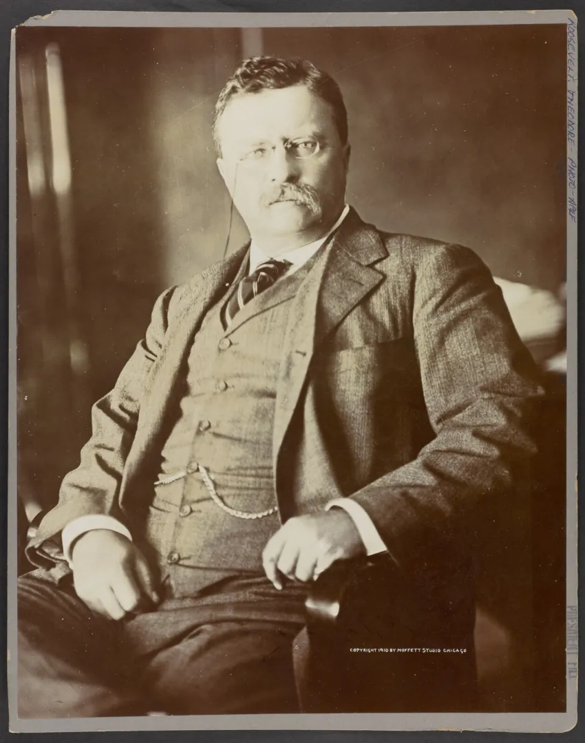 Seated three-quarter-length studio portrait of Theodore Roosevelt in a suit during his post-presidential years