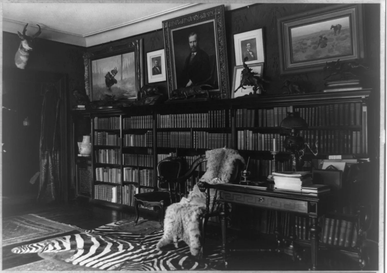 Interior of the library at Sagamore Hill with bookshelves, desk and rug