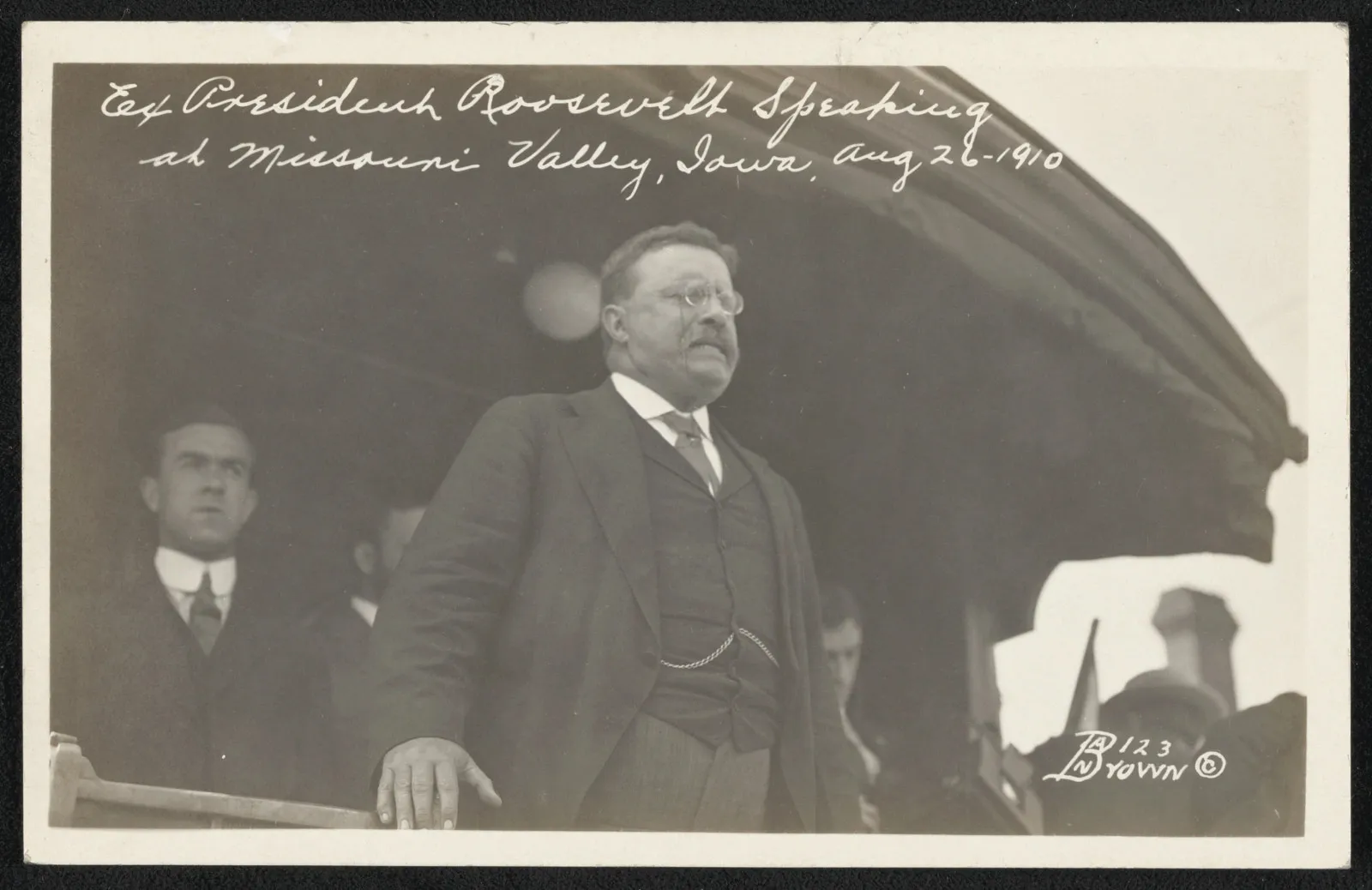 Ex-President Theodore Roosevelt speaking from a railway car at Missouri Valley, Iowa, August 1910