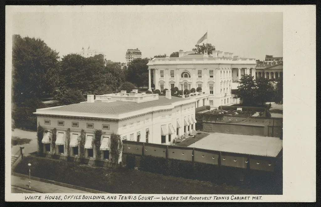 The White House with its new executive office building and the tennis court where Roosevelt’s tennis cabinet met