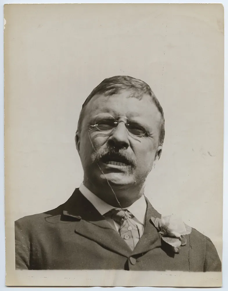 Black-and-white portrait of Theodore Roosevelt wearing a flower in his lapel