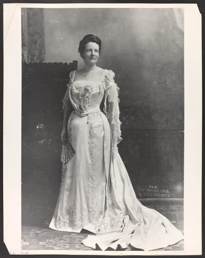 Full-length studio portrait of Edith Roosevelt in a formal gown