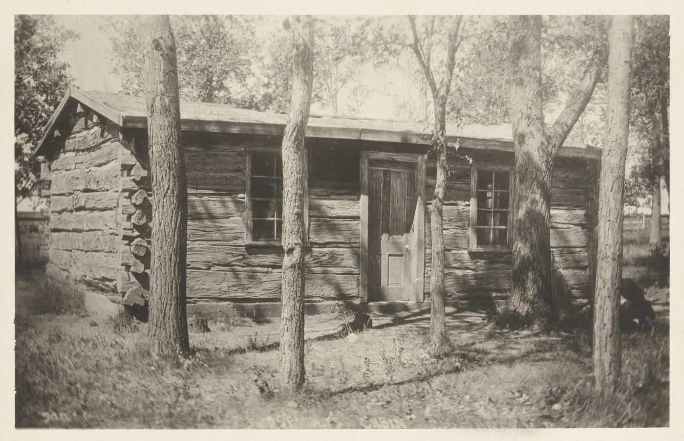 A log ranch cabin among cottonwood trees in the Dakota Badlands