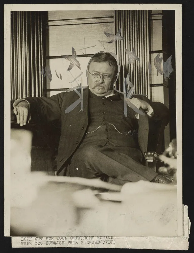 Theodore Roosevelt gesturing while seated, testifying at a trial