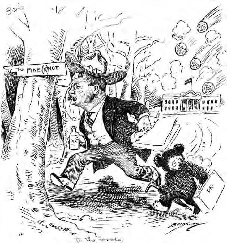 Clifford Berryman cartoon 'To the Woods' showing Theodore Roosevelt with the little Teddy Bear character following him
