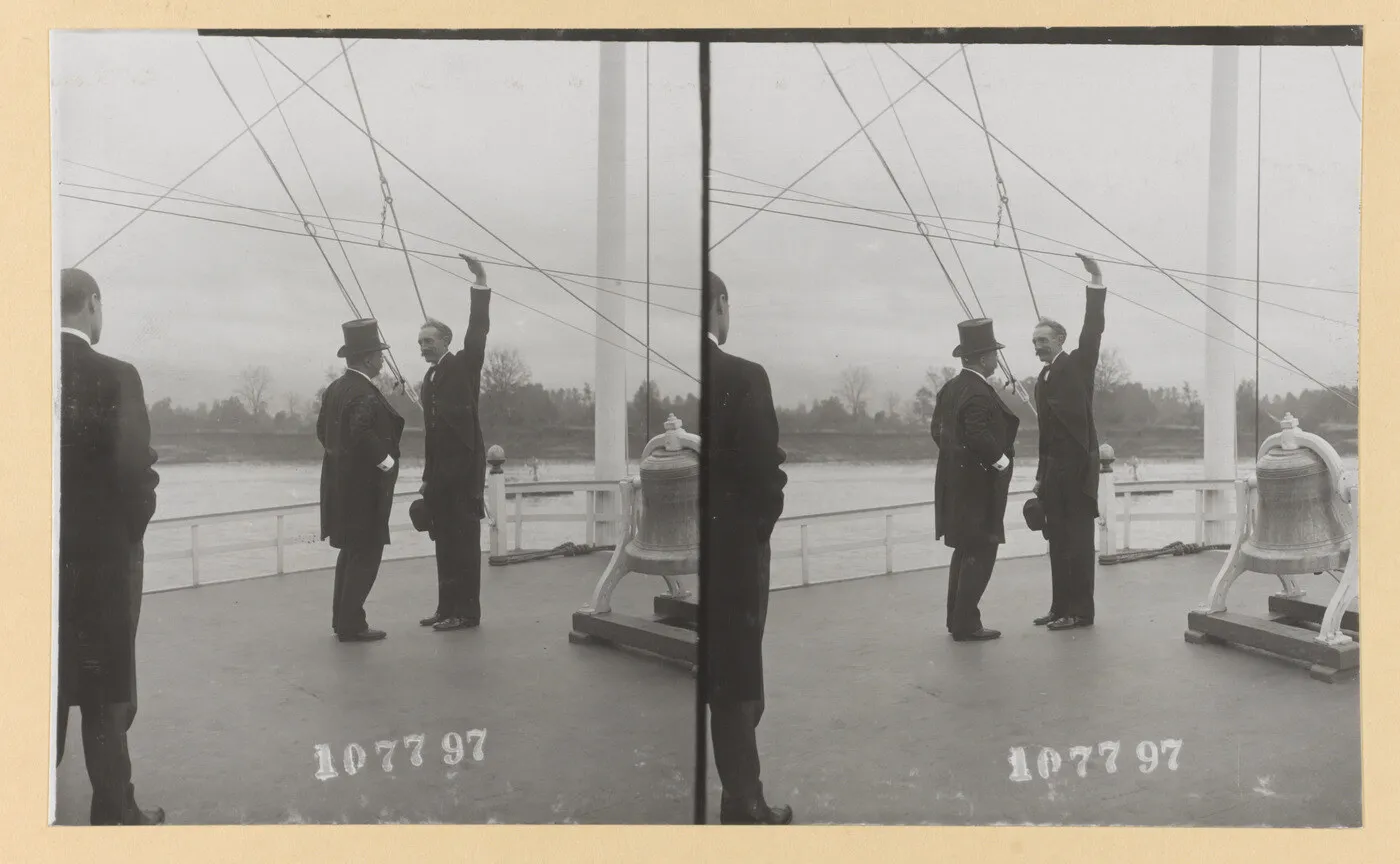 Theodore Roosevelt and members of the Inland Waterways Commission aboard a river steamer, 1907