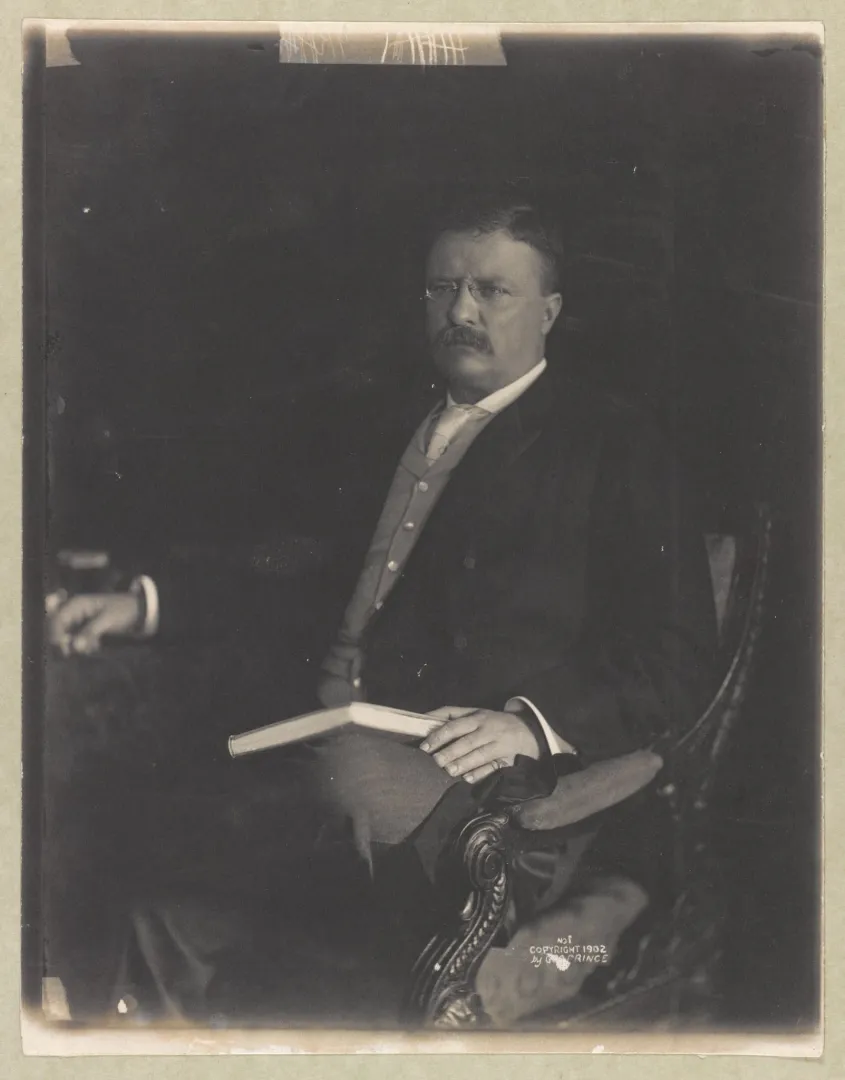 Theodore Roosevelt seated in a three-quarter length portrait, holding a book in his lap, 1902