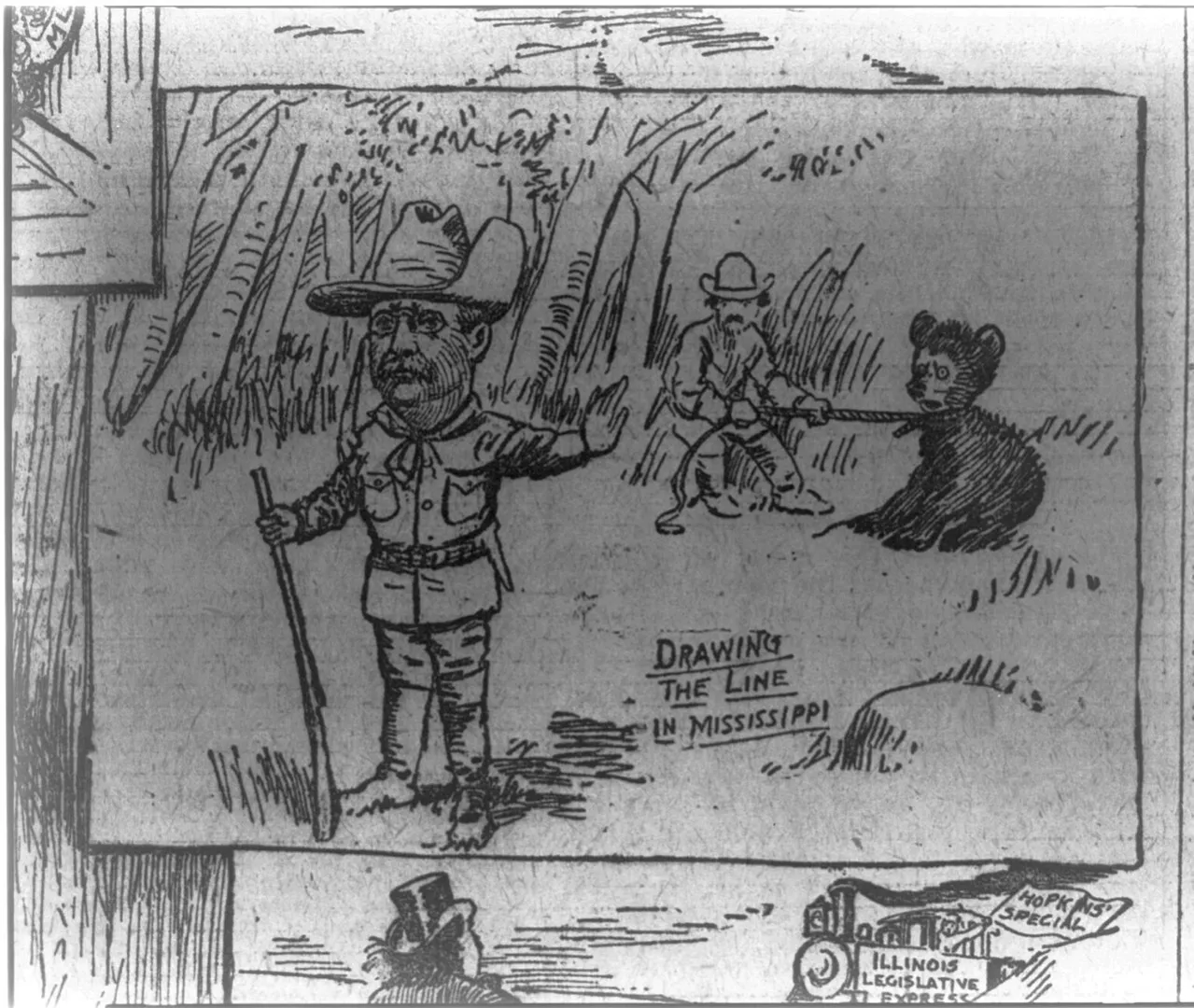 Clifford Berryman's 1902 cartoon Drawing the Line in Mississippi, showing Roosevelt refusing to shoot a bear cub