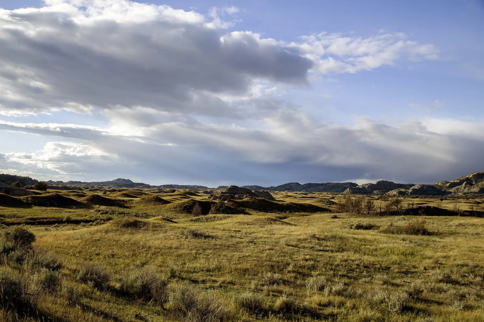 Rolling green Badlands buttes and prairie under a dramatic sky in Theodore Roosevelt National Park, North Dakota