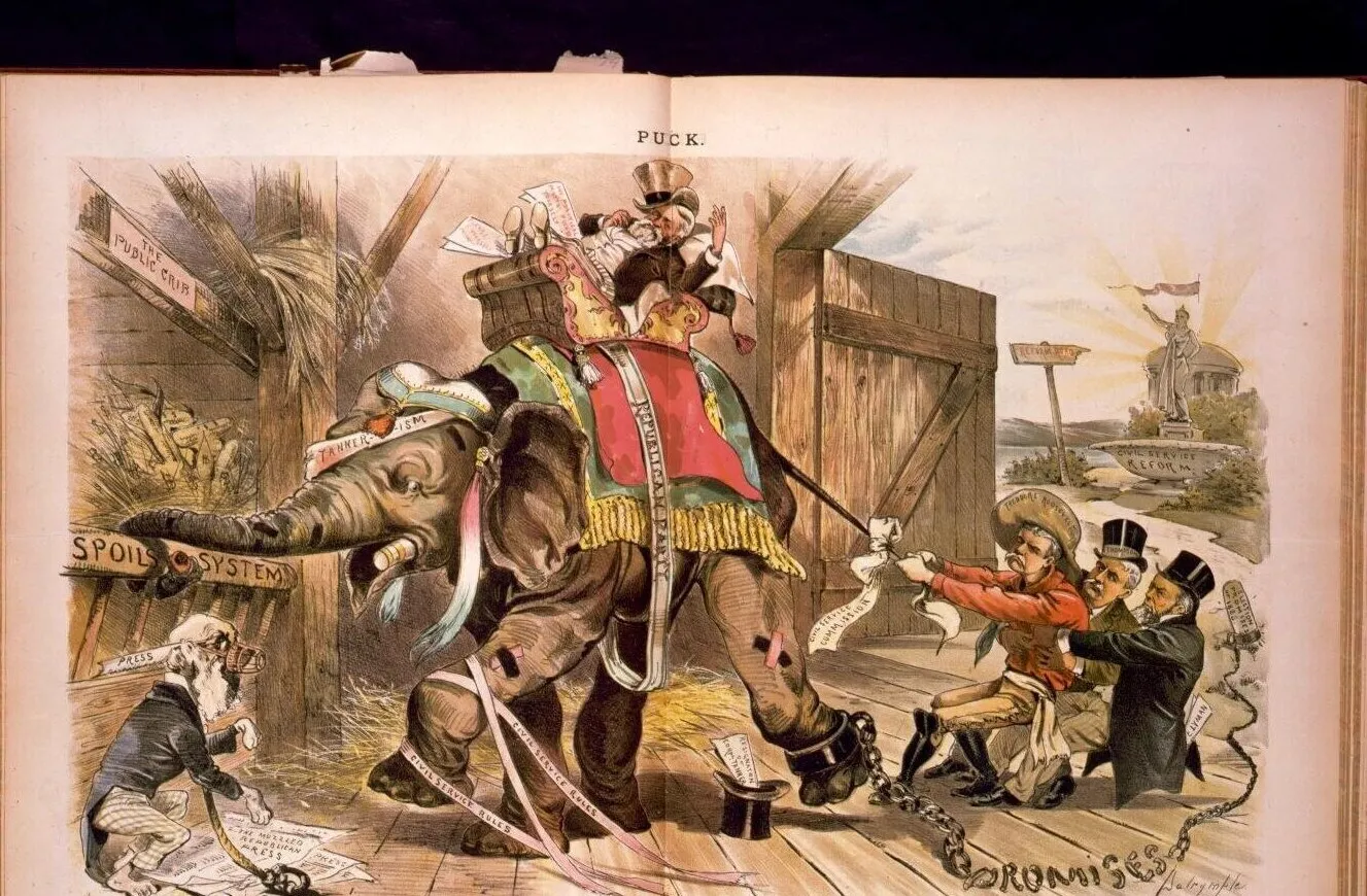 Color Puck cartoon of a Republican Party elephant, labeled with the spoils system, being reined in by civil service reform