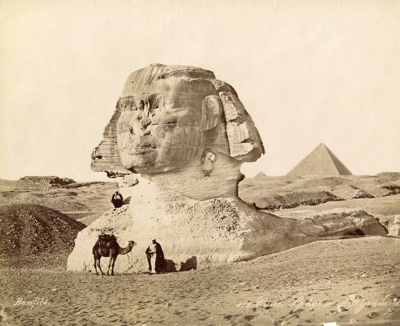 Nineteenth-century photograph of the Great Sphinx of Giza with a pyramid behind