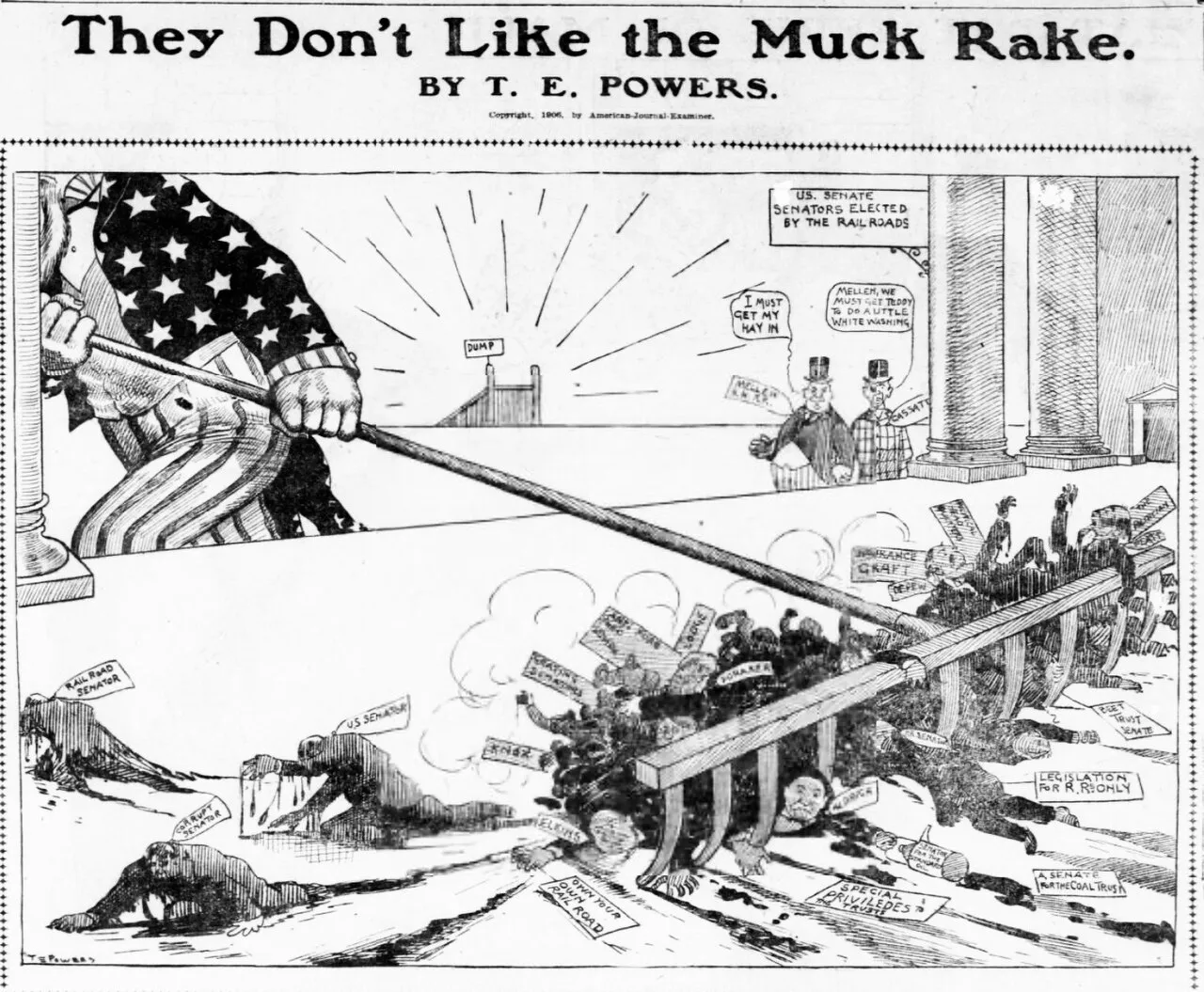 1906 editorial cartoon of a figure raking through piles labeled with scandals, mocking critics of the muck rake